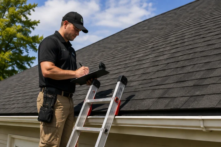 Roof Rejuve technician inspecting asphalt shingles
