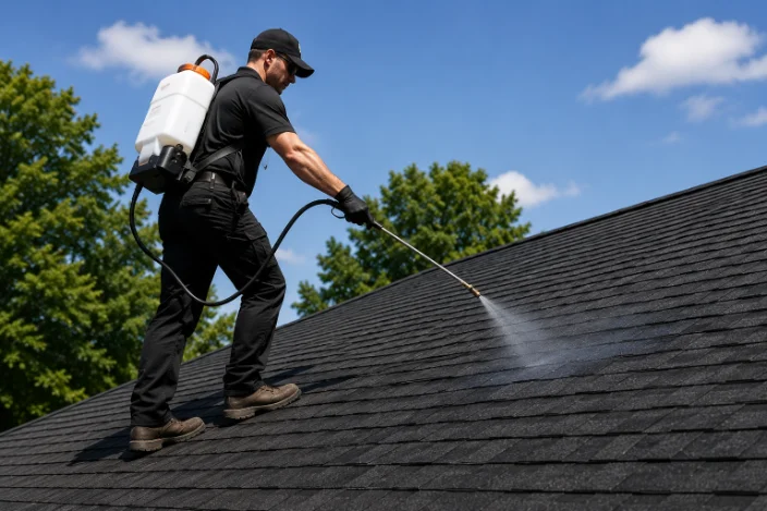 Roof Rejuve technician applying treatment to asphalt shingles