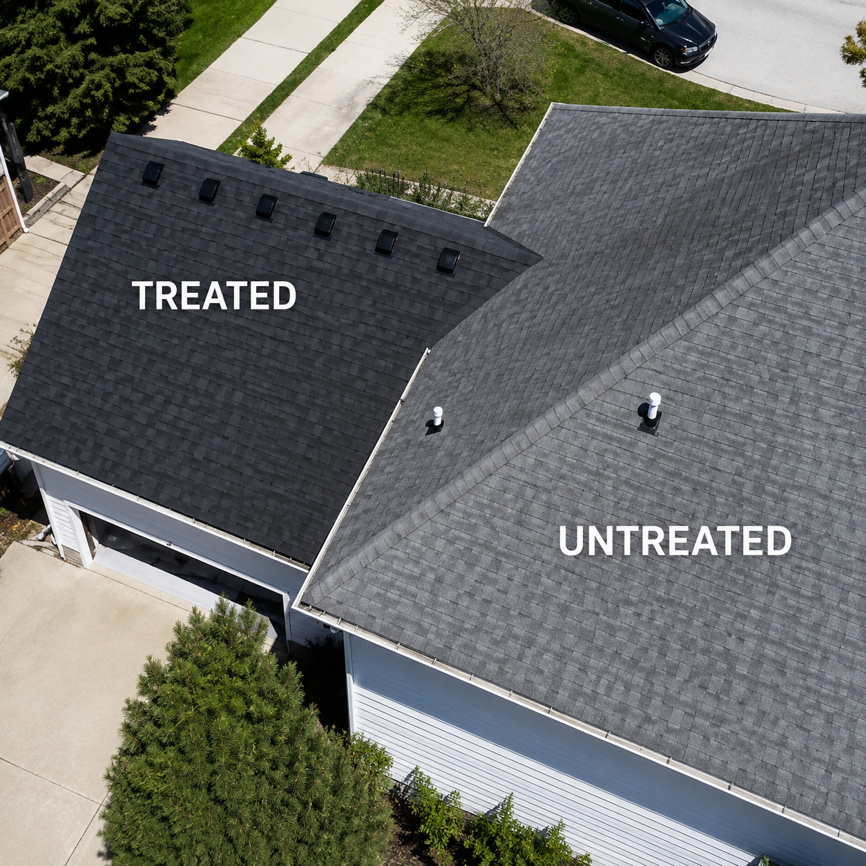 Treated and untreated roof sections on the same home