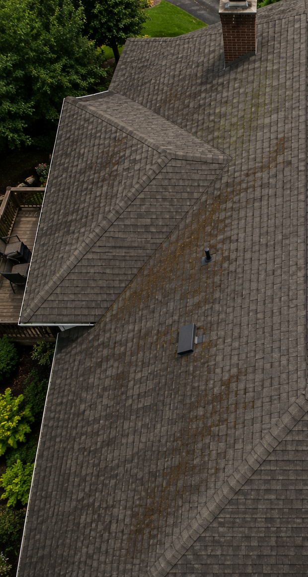 Aged asphalt shingles with granule loss and staining